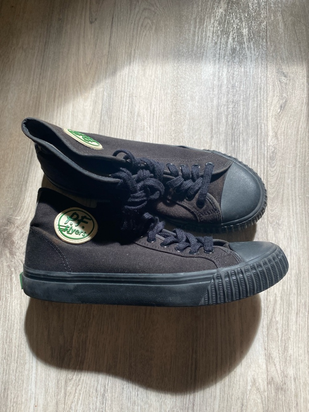Black High-Top Canvas P.F. Flyers Sneakers with Green Logo Patch